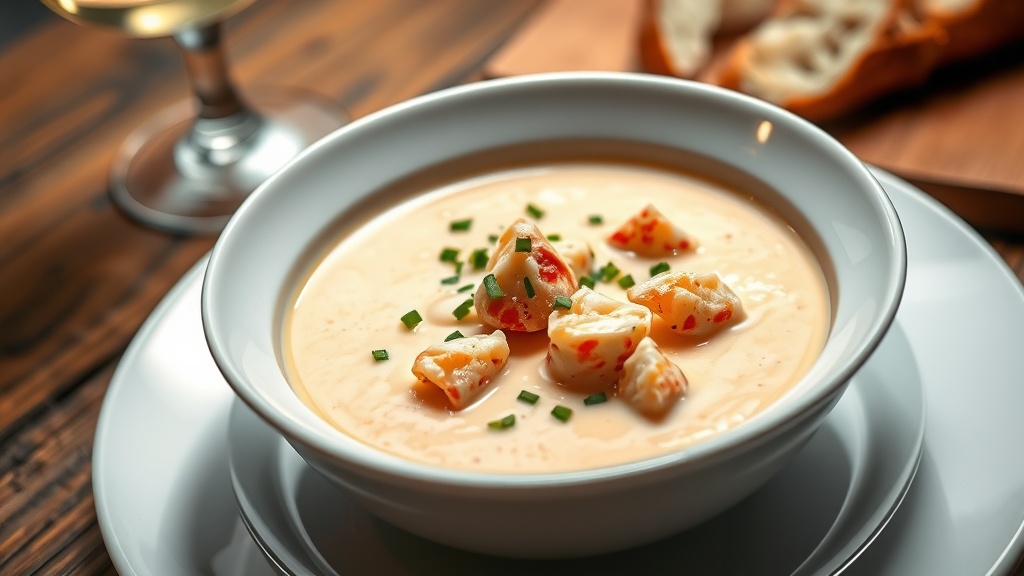 Rich and Creamy Lobster Bisque Recipe A bowl of rich Lobster Bisque garnished with chives, served with a glass of white wine and crusty bread.